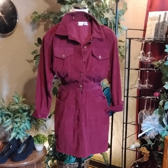 Vintage Burgundy Corduroy Long Sleeve Dress - Picture 1 of 17